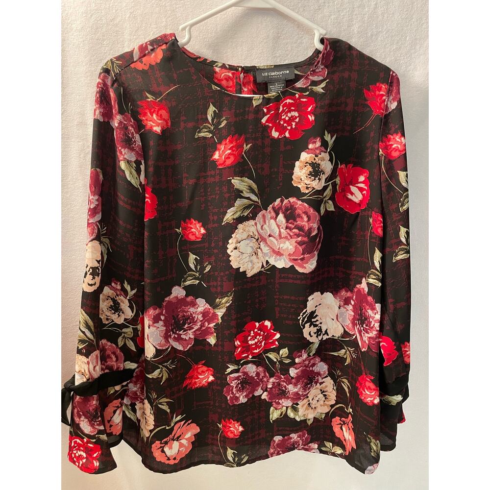 Liz Claiborne Career womens red floral long sleeve Flare Wrist‎ L Large Blouse